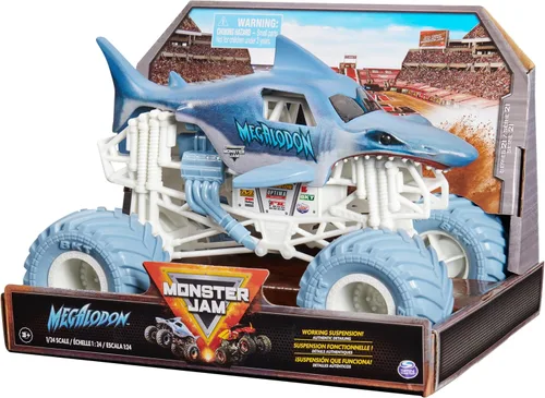 Vista 8 de Monster Jam, Camión monstruo oficial de Megalodon - Edición original retro de 2017, escala 1:24, vehículo fundido a presión y neumáticos BKT