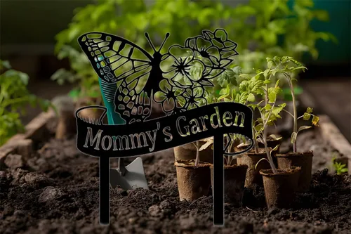 Vista 2 de Letreros de jardín personalizados con flores y mariposas, arte de metal para patio, estaca de jardín, letrero de metal, decoración de césped