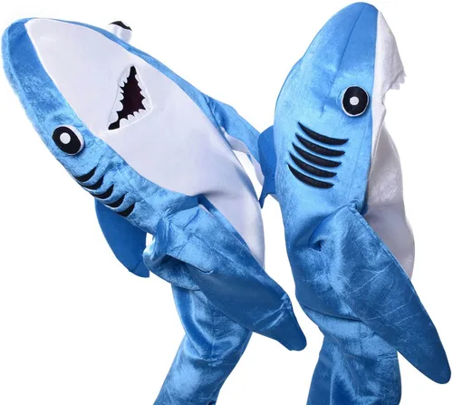 Vista 3 de Luxfan Disfraz de tiburón de vellón para adultos, talla única, disfraz de Halloween, disfraz divertido para cosplay