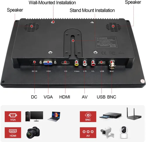 Vista 4 de Monitor de seguridad 10.1 "FHD CCTV Monitor de PC con VGA HDMI BNC AV entrada USB Altavoz incorporado 178 Gran angular para Raspberry Pi Game