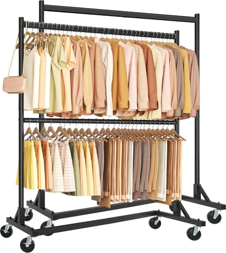 Vista 10 de Hoctieon Estante de doble barra Z, estantes de ropa rodantes con base en Z, perchero ajustable para ropa, perchero de pie para ropa de pie, perchero