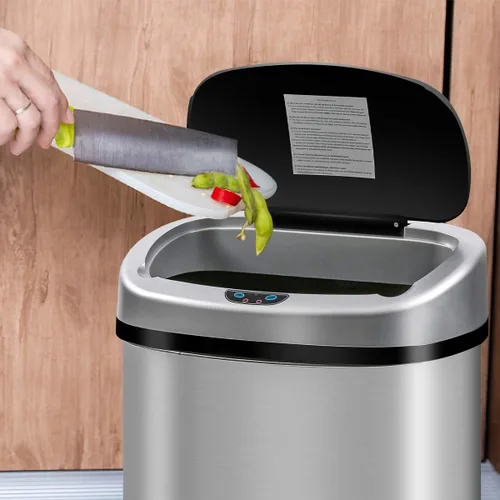 Vista 6 de Cubo de basura automático de acero inoxidable sin contacto de 13 galones con sensor de movimiento electrónico sin contacto con tapa, para el hogar