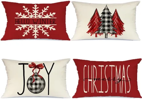 Vista 10 de GEEORY Juego de 4 fundas de almohada de Navidad de 18 x 18 pulgadas para decoraciones de Navidad, árbol de Navidad, alegría, nieve, Navidad feliz