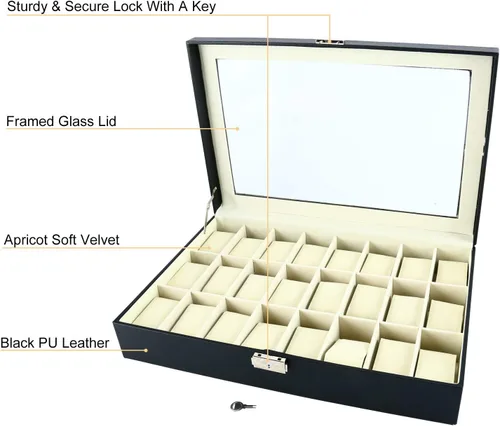 Vista 3 de DasMarine Estuche de 24 ranuras para reloj, funda de piel sintética para hombres y mujeres, organizador de reloj, parte superior acrílica, caja