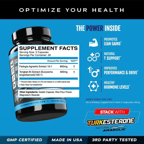 Vista 4 de eFlow Nutrition Fadogia Agrestis + Tongkat Ali - Suplemento de rendimiento natural 2 en 1 para la salud y el bienestar, hormona, energía y apoyo
