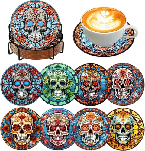 Vista 21 de Meothan Juego de 8 posavasos de arte de diamante para adultos con soporte, almohadillas de corcho, posavasos de arte de puntos de diamante de vidrio