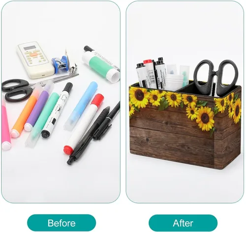 Vista 3 de Soporte para bolígrafos, soporte para lápices para organizador de escritorio, girasol floral de madera, tazas de cuero sintético, almacenamiento