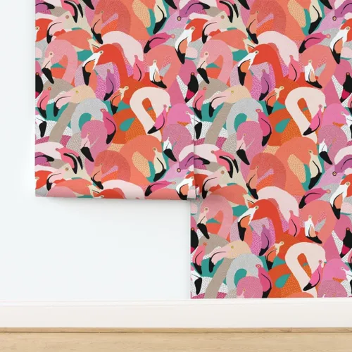 Vista 4 de Spoonflower Despegar y pegar muestra de papel tapiz - Naranja Rosa Grande Flamenco Pájaro Plumas Tropical Florida Coastal Collage Ilustración Casa