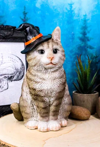 Vista 5 de Ebros - Figura de gato gris realista con sombrero de bruja para Halloween, 7.5 pulgadas de alto con ojos de cristal, brujas, Wicca, oculto, felino