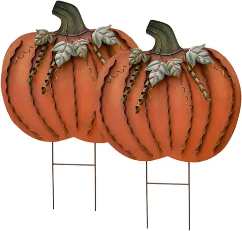 Vista 6 de Morning View Letrero de metal con estacas de calabaza para patio, decoración de otoño, calabaza, rústico, decoración de jardín, decoración de patio