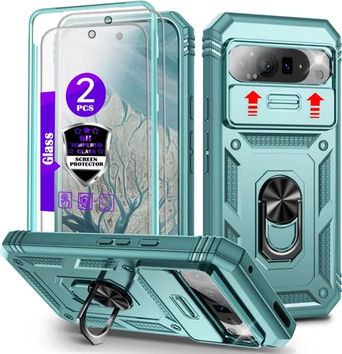 Vista 20 de Funda para Pixel 9 Pro XL con cubierta deslizante para cámara, 2 protectores de pantalla de vidrio templado, soporte de anillo giratorio de 360°