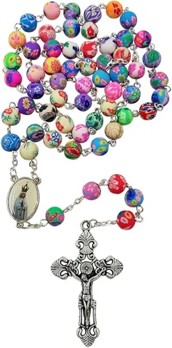 Vista 2 de TALISMAN4U Collar de rosario católico con cuentas de polímero de colores Nuestra Señora de Fátima Jesús Cruz Tierra Santa Regalo, Resina