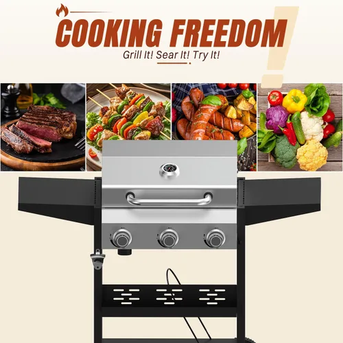 Vista 6 de 3-Burner Propane Gas Grill, 36000 BTU for BBQ,Portable with Wheels&Hood Even& powerful heat distribution with independent control,folding side