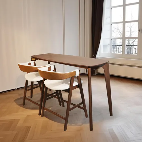 Vista 4 de CONSDAN Juego de 2 sillas de bar de madera maciza que ahorran espacio, diseño compacto y elegante, acabado natural para el hogar y el apartamento