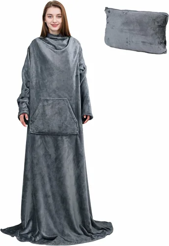 Vista 11 de Solaris Manta Vestible de Viaje con Mangas, 2 en 1, Manta de Almohada de Avión Plegable para Adultos, Mujeres y Hombres, Manta Corporal Suave