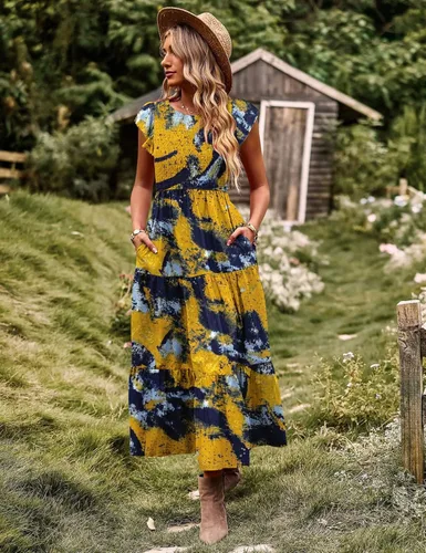 Vista 4 de YESNO Vestidos de verano para mujer, con volantes, manga casquillo, vestido casual bohemio con corpiño fruncido con bolsillos, E05