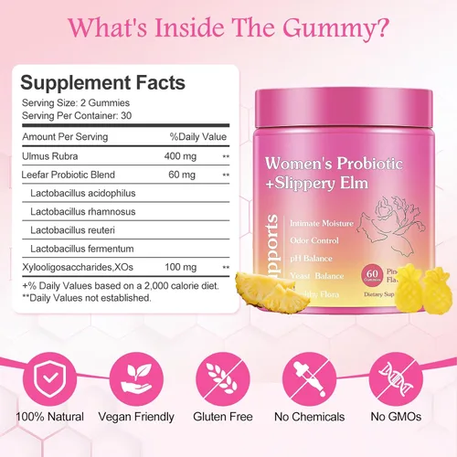 Vista 2 de Her Juicy - Gomitas femeninas de probióticos para mujeres, sabor a piña tropical, contiene olmo resbaladizo, apoya el equilibrio del pH, la salud