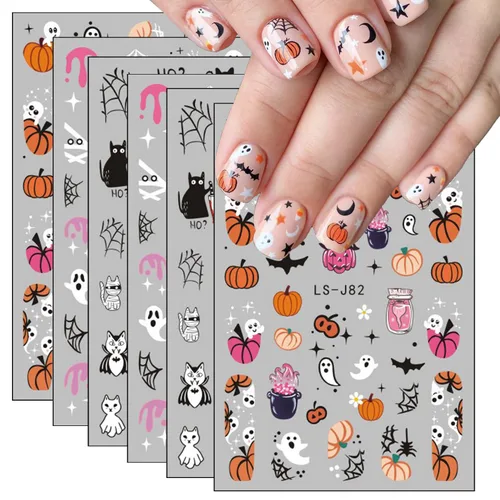 Vista 21 de 8 hojas de calcomanías de uñas de Halloween con diseños de fantasmas lindos, calabaza, araña, telaraña, sangre, llama 3D, autoadhesivas, Otoño