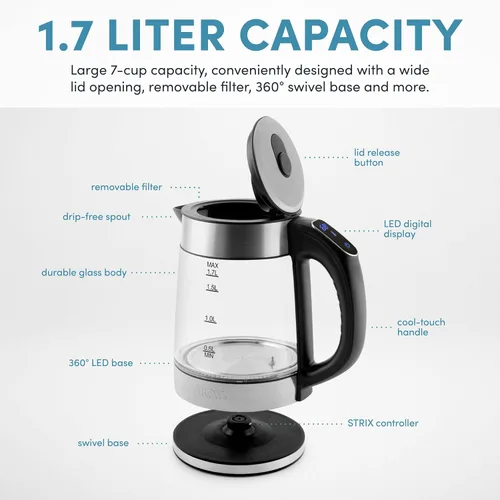 Vista 3 de AROMA® Hervidor de agua de vidrio digital profesional de 1.7L/7 tazas (AWK-170D)