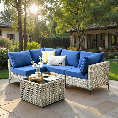 Vista 23 de ovios Muebles de patio de 8 piezas con hoguera, juego de conversación de mimbre de ratán para exteriores con mesa de centro brillante, cómodo sofá