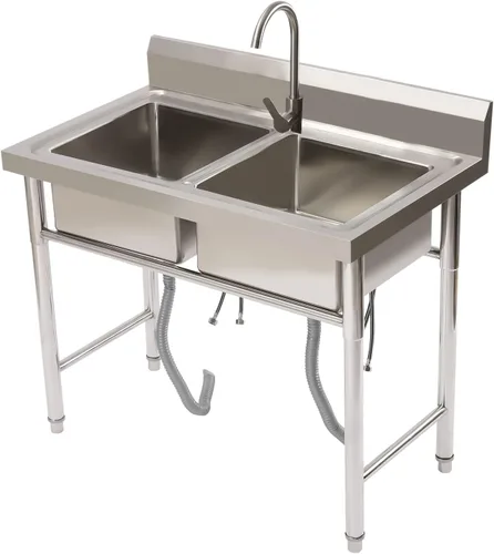 Vista 14 de Fregadero de cocina de restaurante comercial independiente de acero inoxidable con soporte, preparación de cocina y lavabo de mano para el hogar