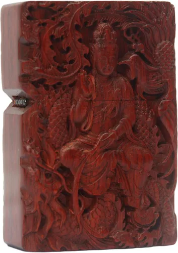 Vista 30 de Caja de carcasa de madera natural Huanghuali tallada en palisandro para módulo Zippo (oración budista)