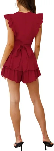 Vista 5 de AIMCOO Enterizo de manga con vuelo y encaje de ganchillo para mujer, vestido con cuello redondo y lazo en la cintura, overoles cortos con volantes
