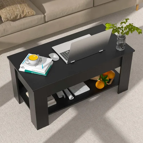Vista 9 de Mesa de centro elevable con almacenamiento para sala de estar, mesa consola de madera rústica, mesa de té central de escritorio oculta para muebles