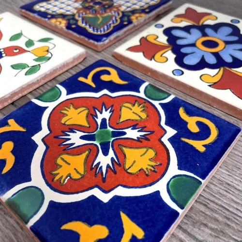 Vista 4 de Juego mixto de 4 posavasos mexicanos para azulejos