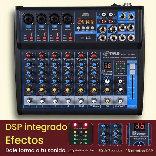 Vista 4 de Pyle - Mezclador de audio profesional, tablero de sonido, consola de mesa, sistema de interfaz de 8 canales, USB digital, Bluetooth, MP3, entrada