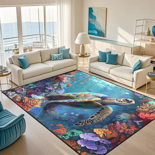 Vista 24 de Alfombra de tortuga marina con estampado de animales marinos y animales marinos, alfombra con estampado de tortugas marinas, para niños y niñas