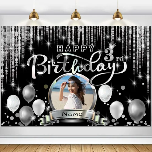 Vista 28 de Cartel de decoración de feliz cumpleaños número 100 personalizado - Personalización disponible - Negro y plateado - Tamaño grande - Admite fotos