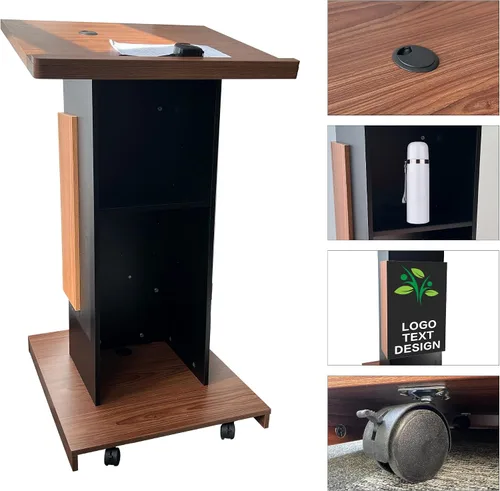 Vista 4 de Podio de Madera Personalizable, Atril de Madera, Tablero de Partículas de 15MM, Diseño Elegante con Almacenamiento, Ruedas con Candado, Espacio