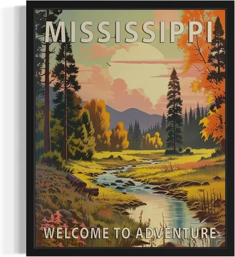 Vista 27 de Póster artístico de paisaje del estado de Alabama, decoración artística de paisaje retro de estados, pintura de montaña y paisaje de aventura