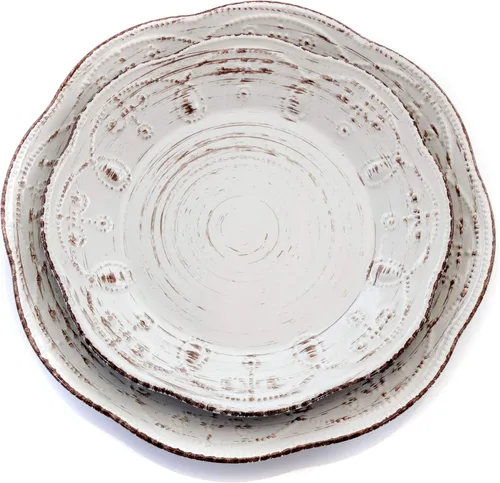 Vista 3 de Elama Rustic Birch - Juego de vajilla redonda de cerámica festoneada en relieve de 16 piezas, color blanco con detalles marrones