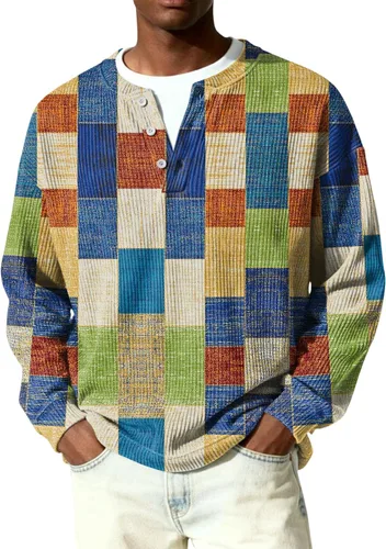 Vista 6 de Camisetas tipo polo de manga larga para hombre, con botones, a rayas, divertidas, de punto, con bolsillo