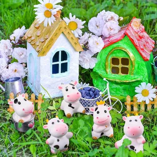 Vista 4 de Blulu 14 piezas de decoración de pastel de vaca, decoración de pasteles de vaca, animales en miniatura, juguetes, resina, jardín, musgo, paisaje