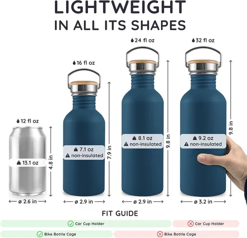 Vista 5 de Bambaw Botella de agua de acero inoxidable de 16 onzas, botella deportiva azul marino, no aislada, de pared simple, botella de agua pequeña de metal