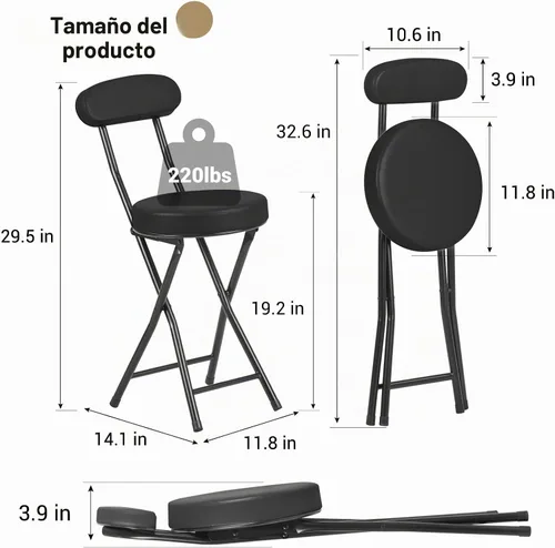 Vista 3 de Taburetes plegables acolchados acolchados, taburete de bar plegable con respaldo, capacidad de 220 libras, silla plegable redonda plegable portátil