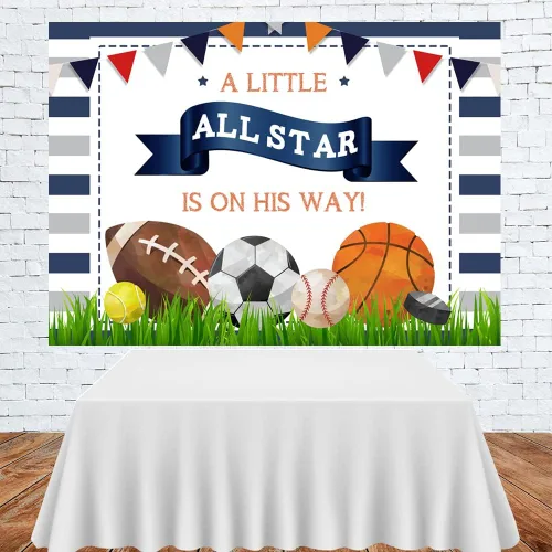 Vista 3 de Lofaris A Little All Star is On His Way - Telón de fondo para baby shower, niños, deportes, cumpleaños, fútbol, baloncesto, tenis, golf, recién