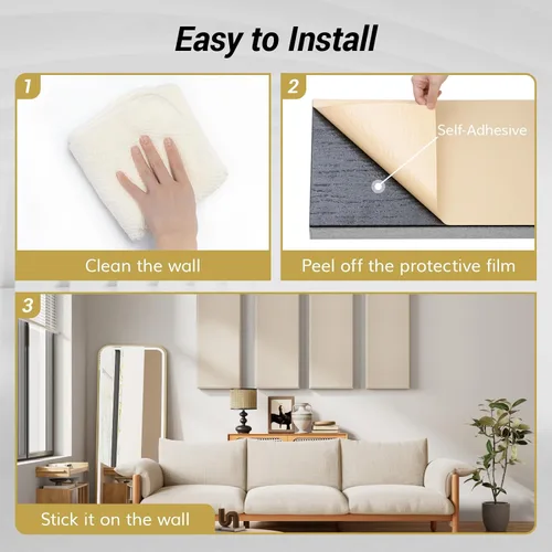 Vista 8 de TONOR 4 paneles acústicos grandes, 35.4″ × 11.8″ × 2.36″ panel de fibra de vidrio 3D a prueba de sonido con autoadhesivo completo, panel de pared