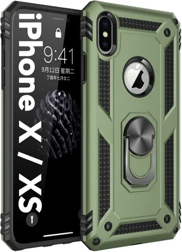 Vista 3 de Korecase - Funda para iPhone X/XS, soporte de anillo negro, protección militar contra caídas