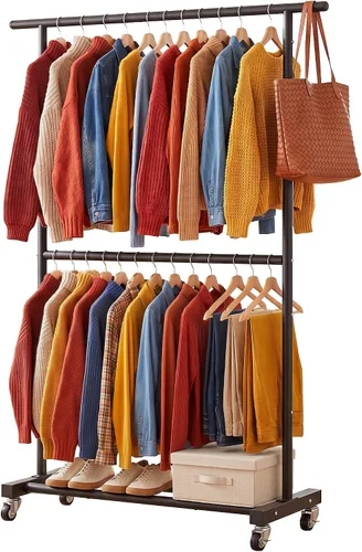Vista 13 de Sywhitta Perchero de ropa de doble barra, organizador de ropa con ruedas para colgar ropa, fácil de montar, ajustable, negro (paquete de 2)