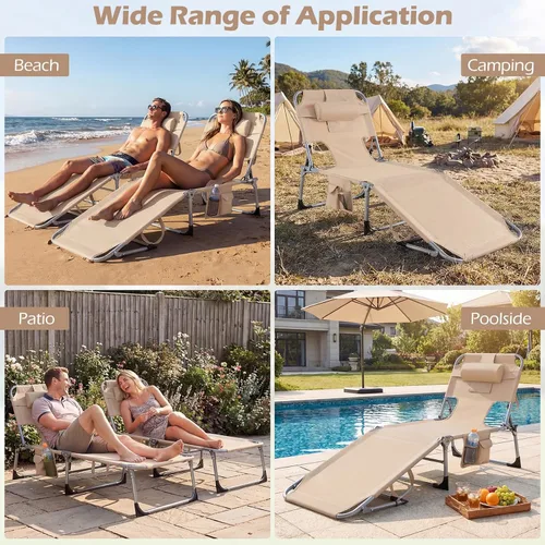 Vista 5 de Tangkula Silla de Bronceado con Orificio para la Cara, Silla Reclinable Plegable y Ajustable para Patio, Playa, Tomar el Sol con Bolsillo Lateral