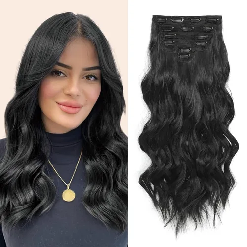 Vista 35 de Fliace Extensiones de cabello con clip para mujer, extensiones de cabello ondulado largo de color marrón medio, extensiones de cabello sintético