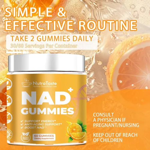 Vista 5 de Suplemento de gomitas NAD+, resveratrol y ribósido de nicotinamida, antienvejecimiento, energía y enfoque, sabor naranja, vegano, sin azúcar, 60
