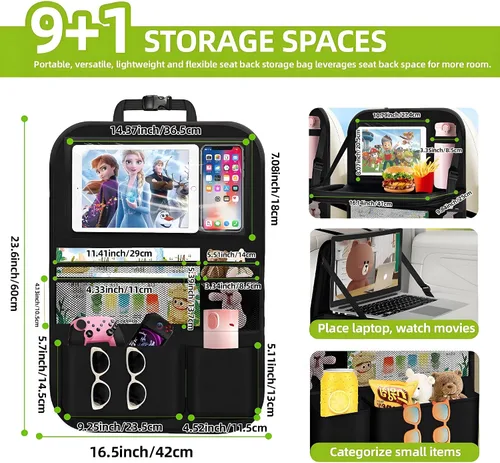 Vista 2 de Organizador de asiento trasero de automóvil de 2 piezas con bandeja plegable, 9 + 2 bolsillos, organizador y almacenamiento para automóvil