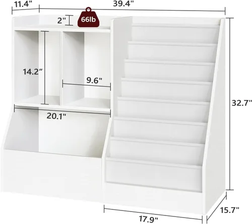 Vista 3 de MAHANCRIS Estantería y almacenamiento de juguetes para niños de 39.4 pulgadas, estante de 7 capas para libros, estantería para niños, estantería