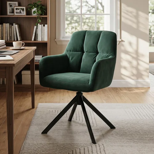 Vista 10 de EALSON Cómoda silla de escritorio de cuero, moderna silla de trabajo para computadora, sin ruedas, silla giratoria con brazo de respaldo medio