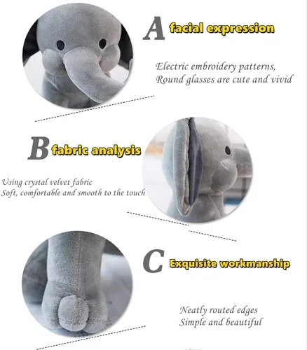 Vista 4 de NatureMan Animales de peluche de elefante, peluches kawaii, juguetes de peluche para bebés, niños y niñas, ideal para guardería, decoración de gris